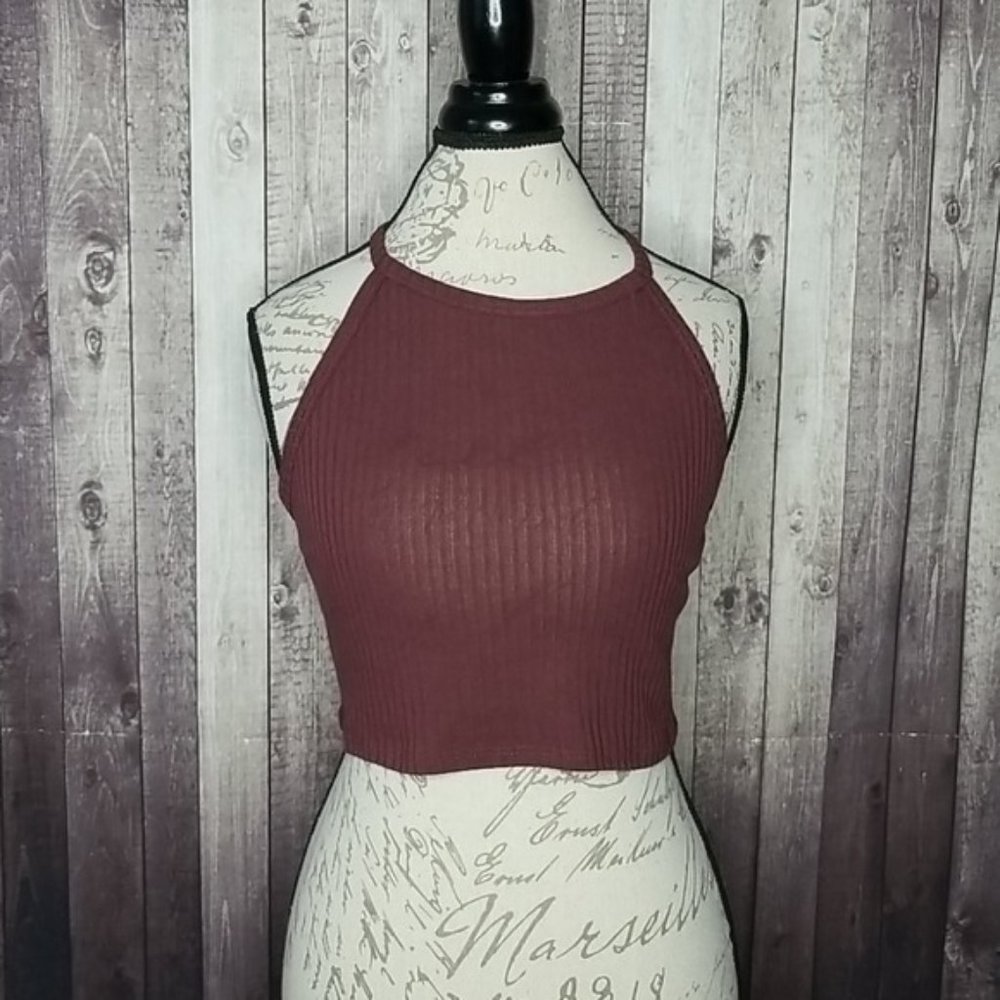 BP mahogany High Neck Ribbed Cropped Tank Top - Picture 1 of 5